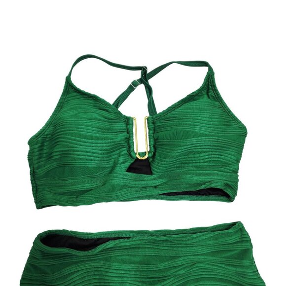 Two-Piece Green Textured High-Waisted Bikini Set Gold Accent  Size M Womens - Picture 3 of 5